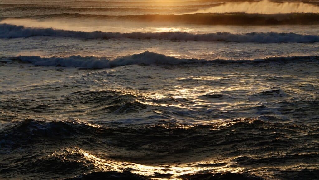 sunset, waves, sea